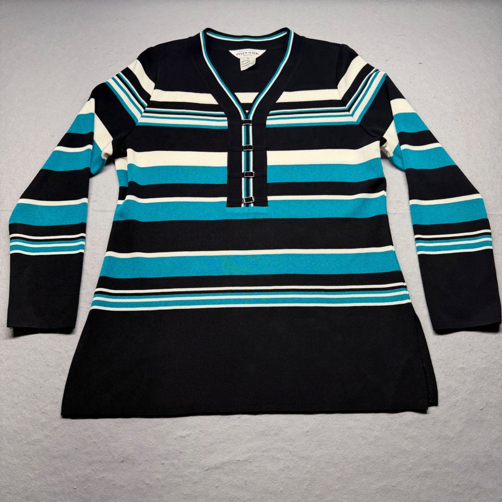 Misook Petite Striped Knit Tunic Top Black Teal Blue V-Neck Buckle Detail Medium